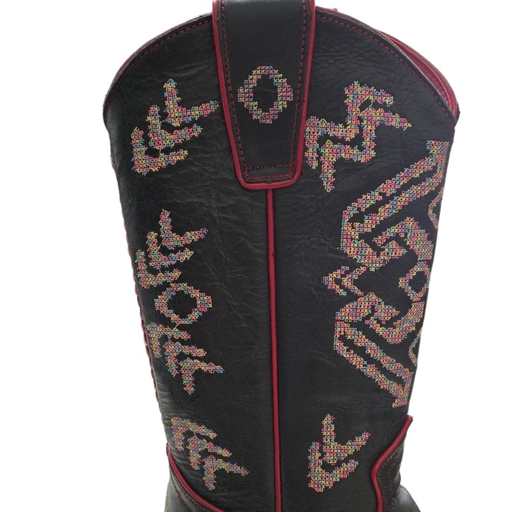 Black Star Black Leather Western Boots Red Trim Embroidered Design - Picture 8 of 11